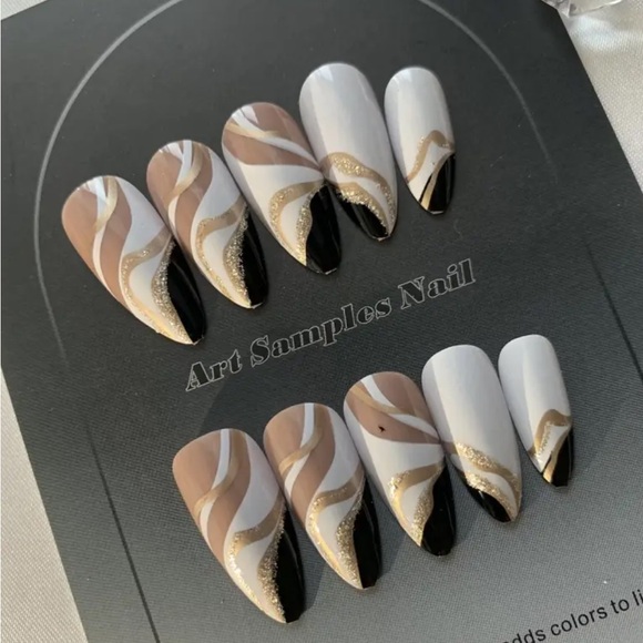 White Black Gold Almond Press On Nails - Picture 2 of 3